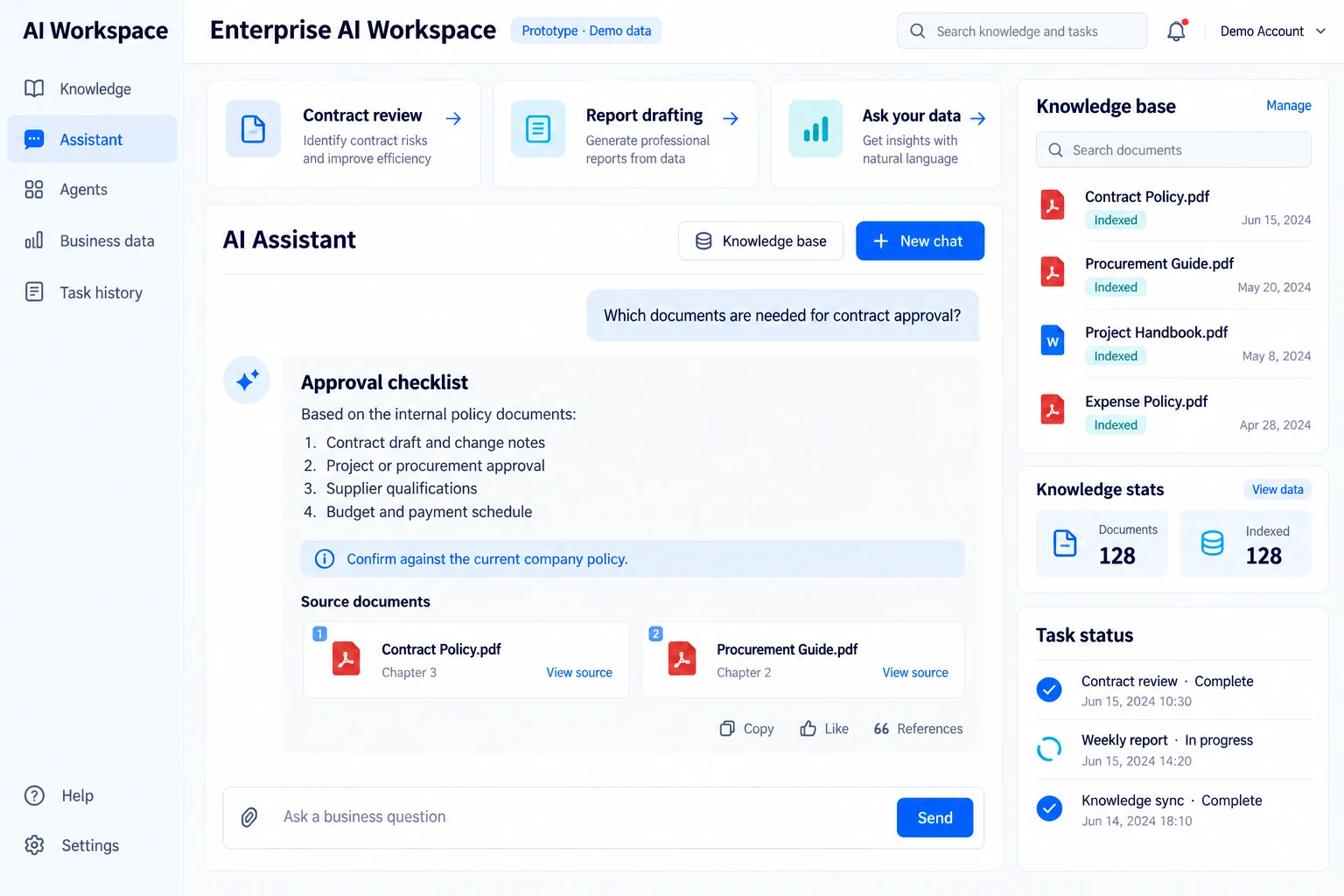 English Enterprise AI interface prototype with demonstration data