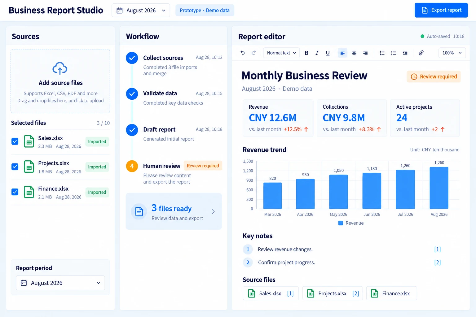 English Business Report Studio interface prototype with demonstration data